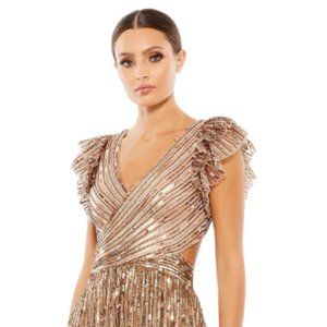 MAC DUGGAL SEQUINED CUT OUT RUFFLED CAP SLEEVE LACE UP GOWN - Like New!